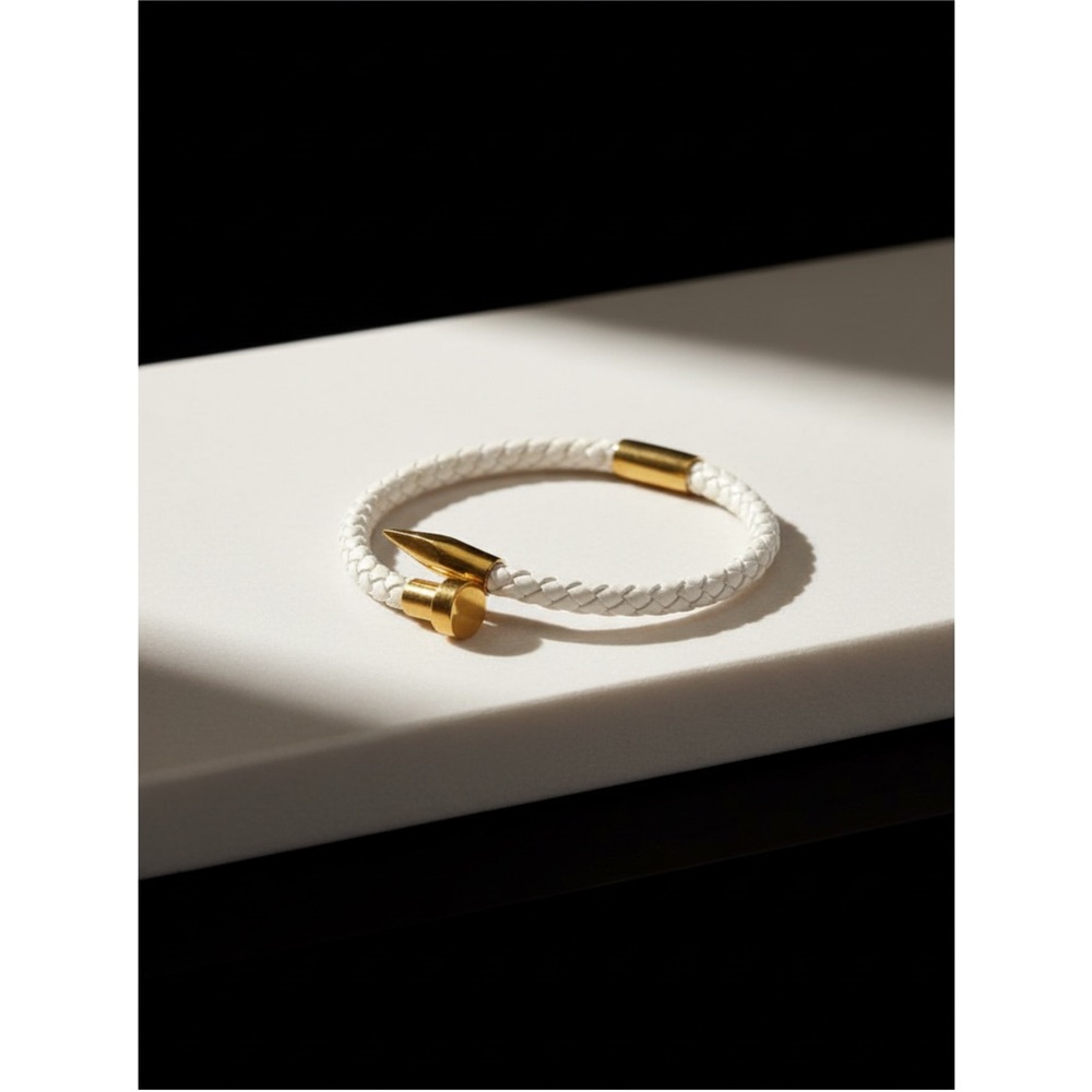 Plunder - White Braided Leather Gold Nail Accent Cuff Bracelet.